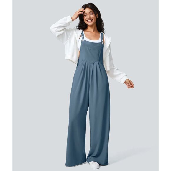 Halara Overalls L Petite Adjustable Strap Button Multiple Pockets Waffle Casual - Picture 2 of 10